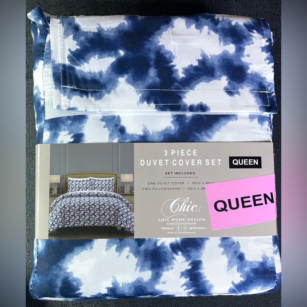 3-pc Queen Duvet Set Shams Tie-Dye Blue White 90x90 Chrisley Chic Home NEW NWT